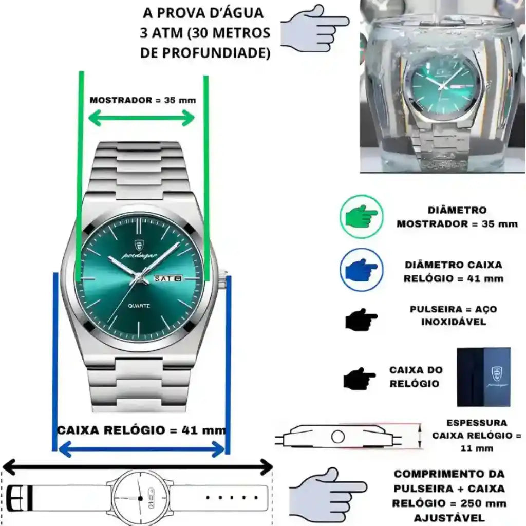 Relogio Quartzo Masculino Empire Green exibindo infográfico