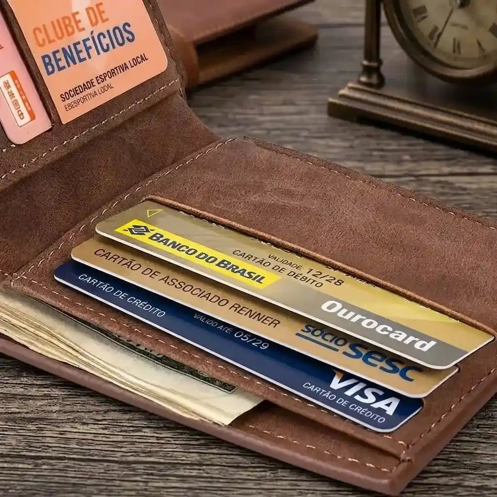 Carteira Masculina Pequena Bravus Brown porta cartões sobre a mesa