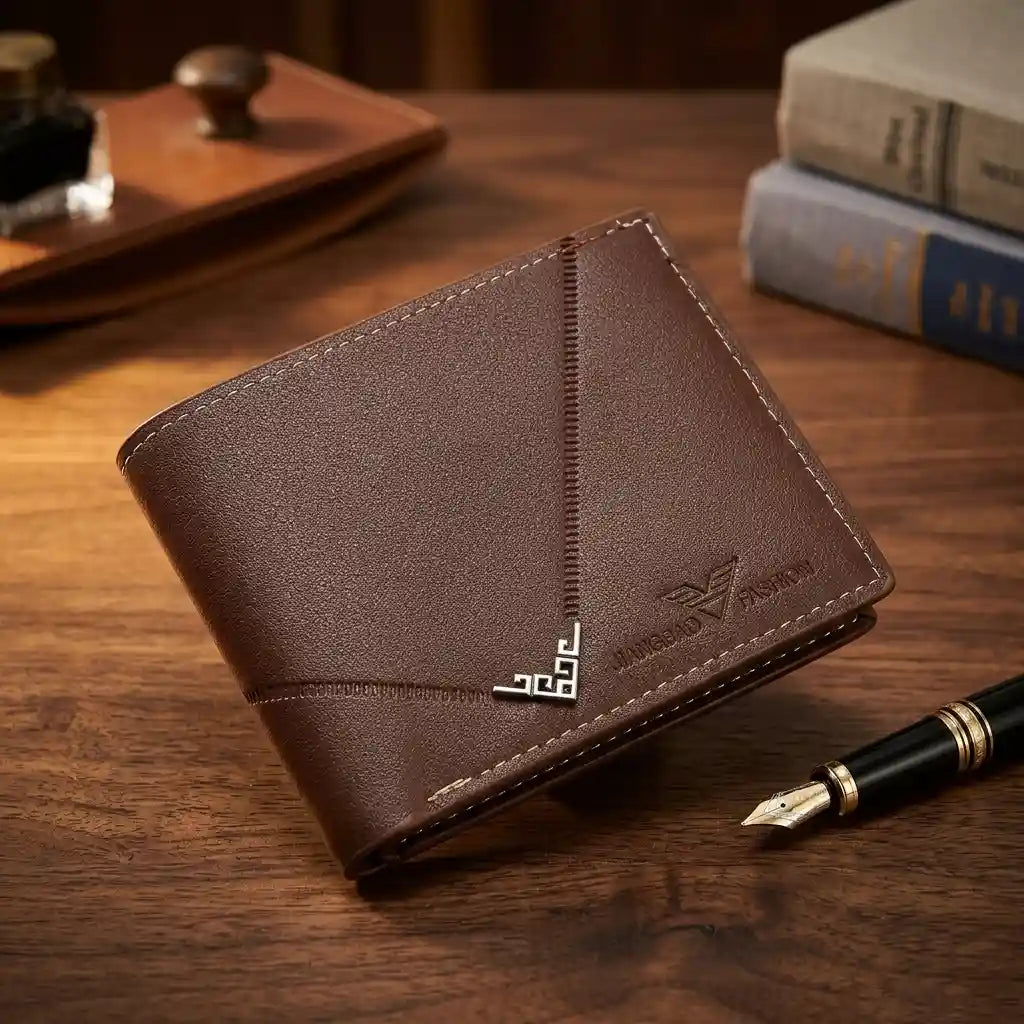 Carteira Masculina Pequena Vantor Brown Deitada sobre mesa de madeira 
