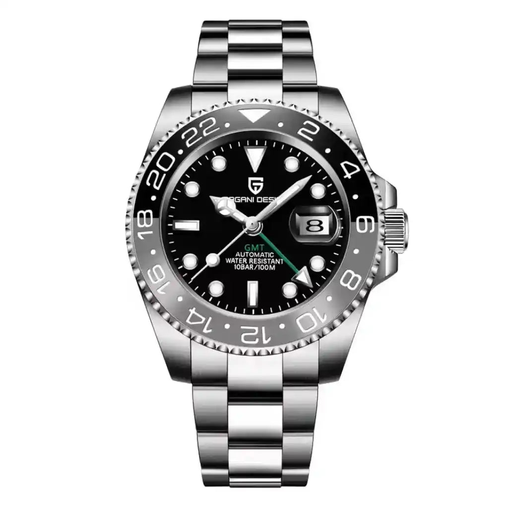 Relógio Automático Masculino Kronos Black exibindo vista frontal completa com mostrador preto bezel cerâmico e pulseira de aço sobre fundo branco
