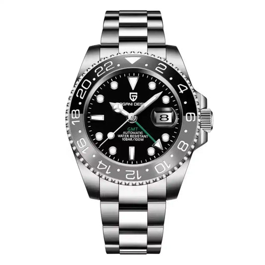 Relógio Automático Masculino Kronos Black exibindo vista frontal completa com mostrador preto bezel cerâmico e pulseira de aço sobre fundo branco