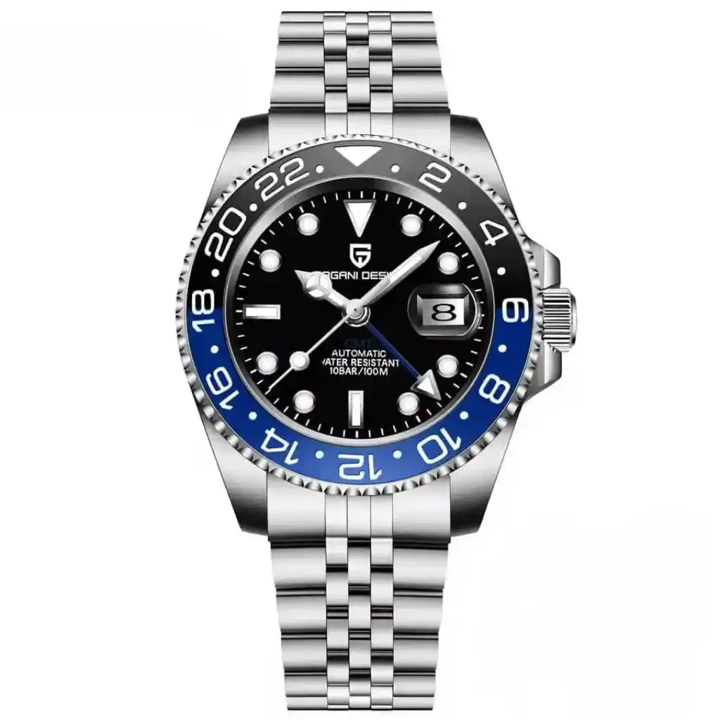 Relógio Automático Masculino Kronos Black Blue exibindo vista frontal completa com mostrador preto bezel cerâmico azul e pulseira de aço sobre fundo branco
