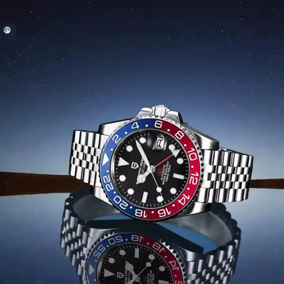 Relógio Automático Masculino Kronos Blue Red  fecho dobável da pulseira de aço inoxidável evidenciando o acabamento polido