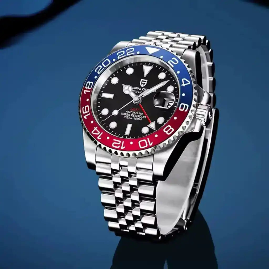 Relógio Automático Masculino Kronos Blue Red em pé sobre mesa 