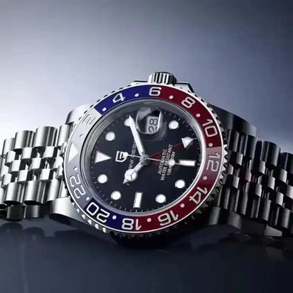 Relógio Automático Masculino Kronos Blue Red em vista lateral evidenciando o acabamento em aço polido e o bezel cerâmico vermelho rotativo