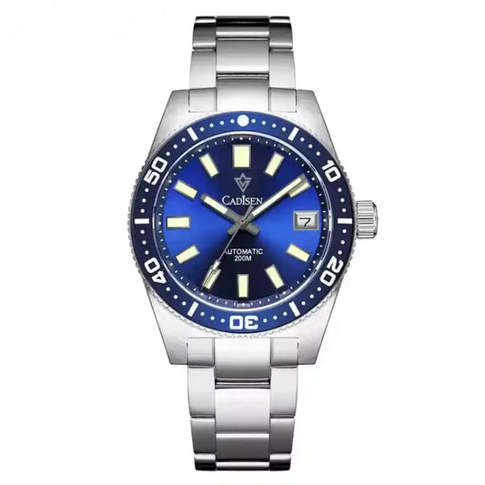 Relógio Automático Masculino Nautic Blue exibindo vista frontal completa com mostrador azul de 38mm bezel rotativo de 90 cliques e pulseira de aço 316L
