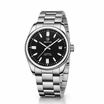 Relógio Automático Masculino Zaren Black exibindo vista frontal completa com mostrador preto de 39mm espessura de 11,7mm e pulseira de aço sobre fundo branco