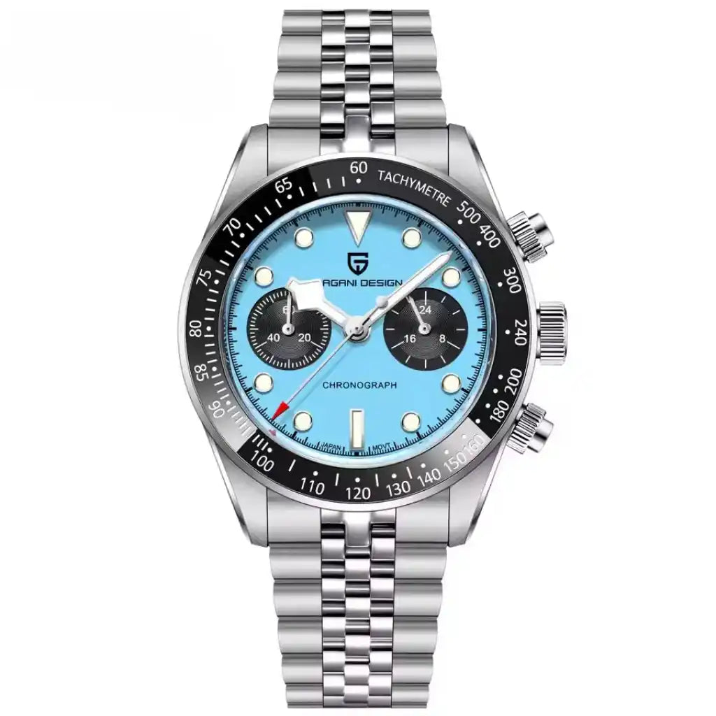 Relógio Masculino Mecânico Glacior Blue exibindo vista frontal completa com mostrador azul e pulseira de aço inoxidável sobre fundo branco
