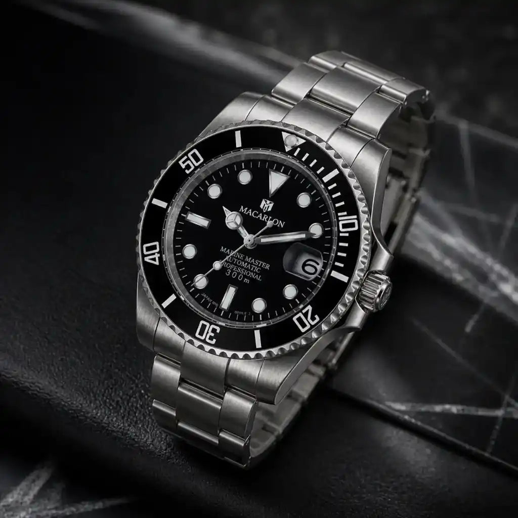 Relógio Masculino Mecânico Kronx Black em vista lateral destacando os botões e coroa rosqueada em aço preto