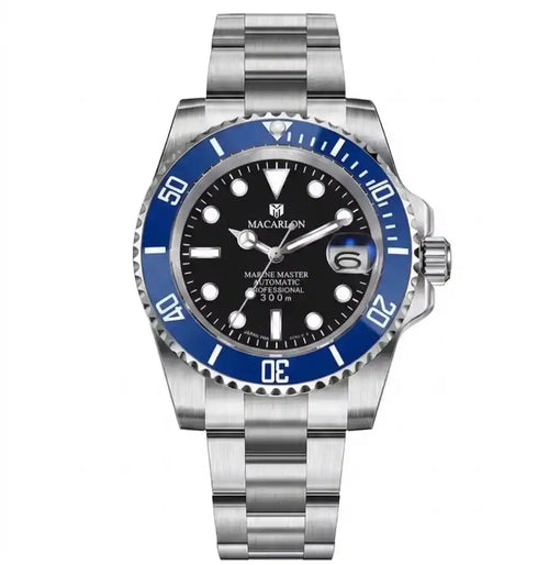 Relógio Masculino Mecânico Kronx Blue exibindo vista frontal completa com mostrador azul profundo e pulseira de aço inoxidável sobre fundo branco