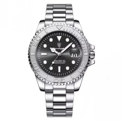 Relógio Masculino Quartzo Abyss Black exibindo vista frontal completa com mostrador preto e pulseira de aço inoxidável sobre fundo branco