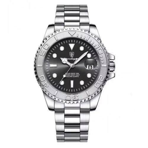 Relógio Masculino Quartzo Abyss Black exibindo vista frontal completa com mostrador preto e pulseira de aço inoxidável sobre fundo branco