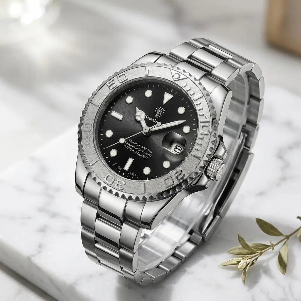Relógio Masculino Quartzo Abyss Black sobre uma pedra branca 