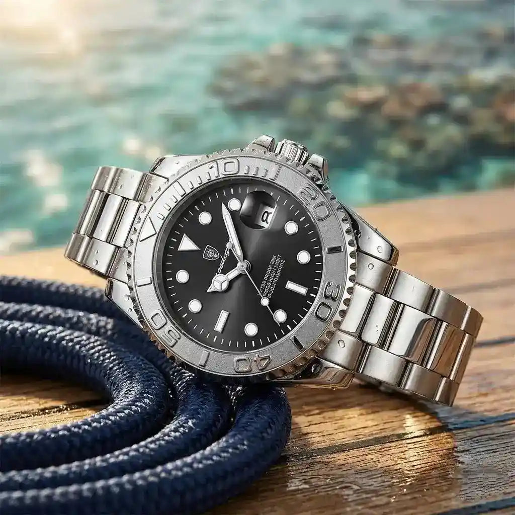 Relógio Masculino Quartzo Abyss Black sobre um suporte de madeira e uma corda 
