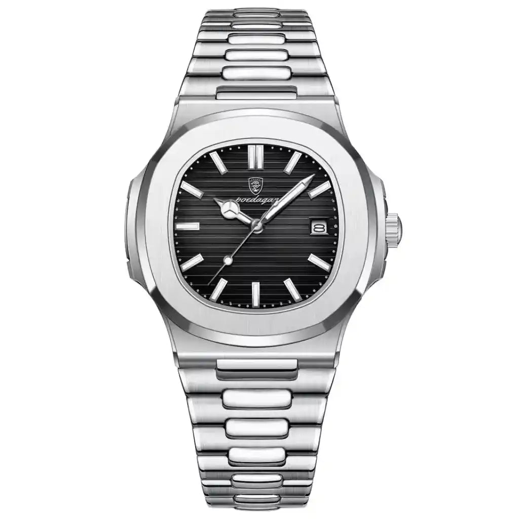 Relógio Masculino Quartzo Axis Black exibindo vista frontal completa com mostrador preto e pulseira de aço inoxidável sobre fundo branco