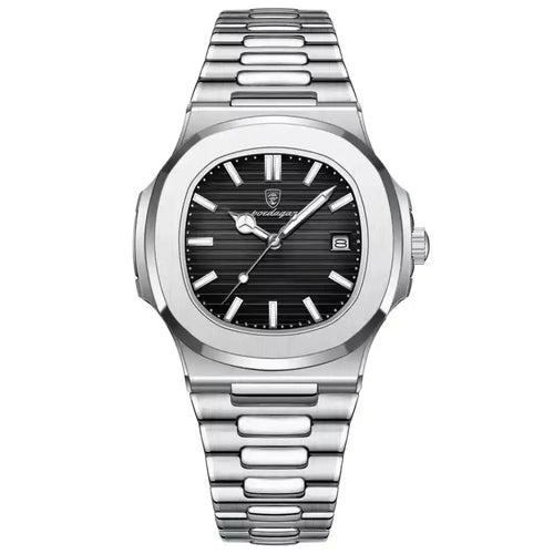 Relógio Masculino Quartzo Axis Black exibindo vista frontal completa com mostrador preto e pulseira de aço inoxidável sobre fundo branco