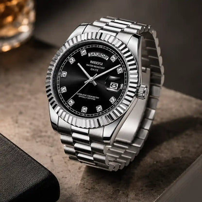Relógio Masculino Quartzo Silver Date Black Acabamento Premium