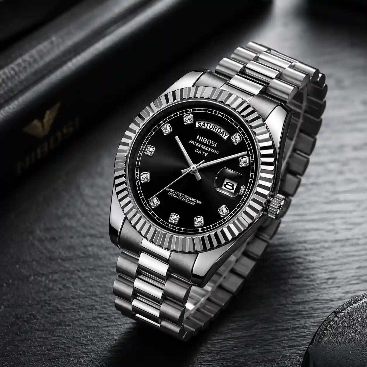 Relógio Masculino Quartzo Silver Date Black Botões Laterais