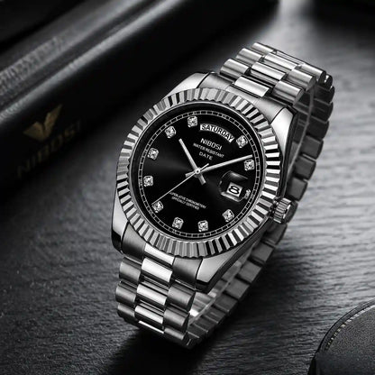 Relógio Masculino Quartzo Silver Date Black Botões Laterais