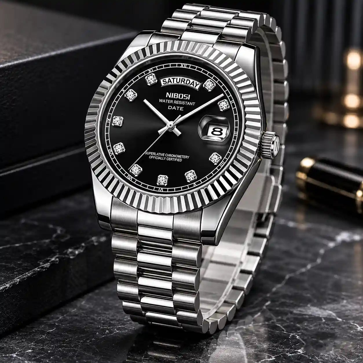 Relógio Masculino Quartzo Silver Date Black Em Pé Pedra