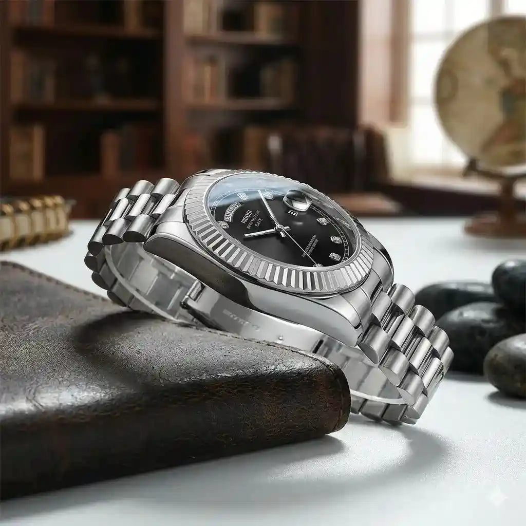Relógio Masculino Quartzo Silver Date Black Detalhe Lateral