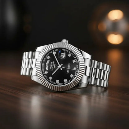 Relógio Masculino Quartzo Silver Date Black Lateral Madeira