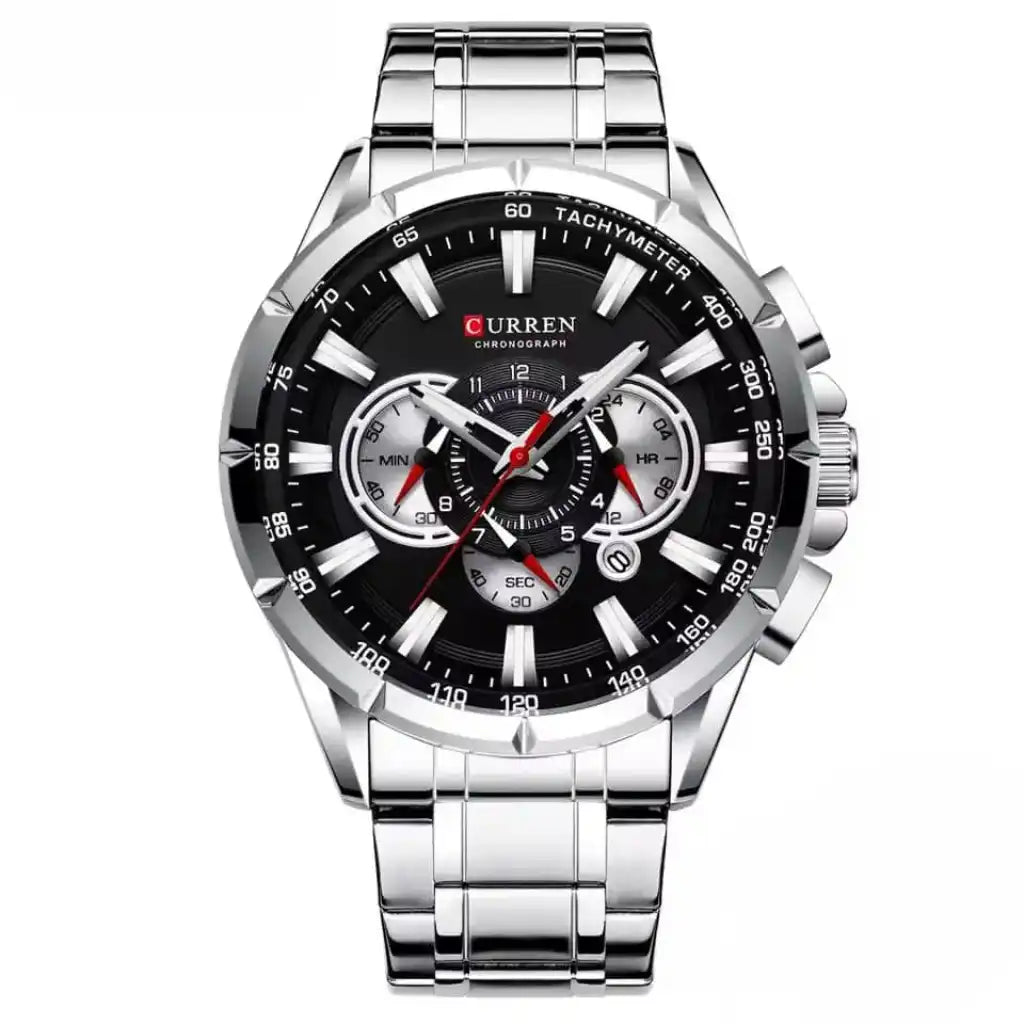 Relógio Masculino Quartzo Velthor Black exibindo vista frontal completa com mostrador preto de 48mm e sub-dials cronográficos sobre fundo branco