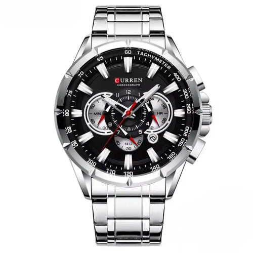Relógio Masculino Quartzo Velthor Black exibindo vista frontal completa com mostrador preto de 48mm e sub-dials cronográficos sobre fundo branco