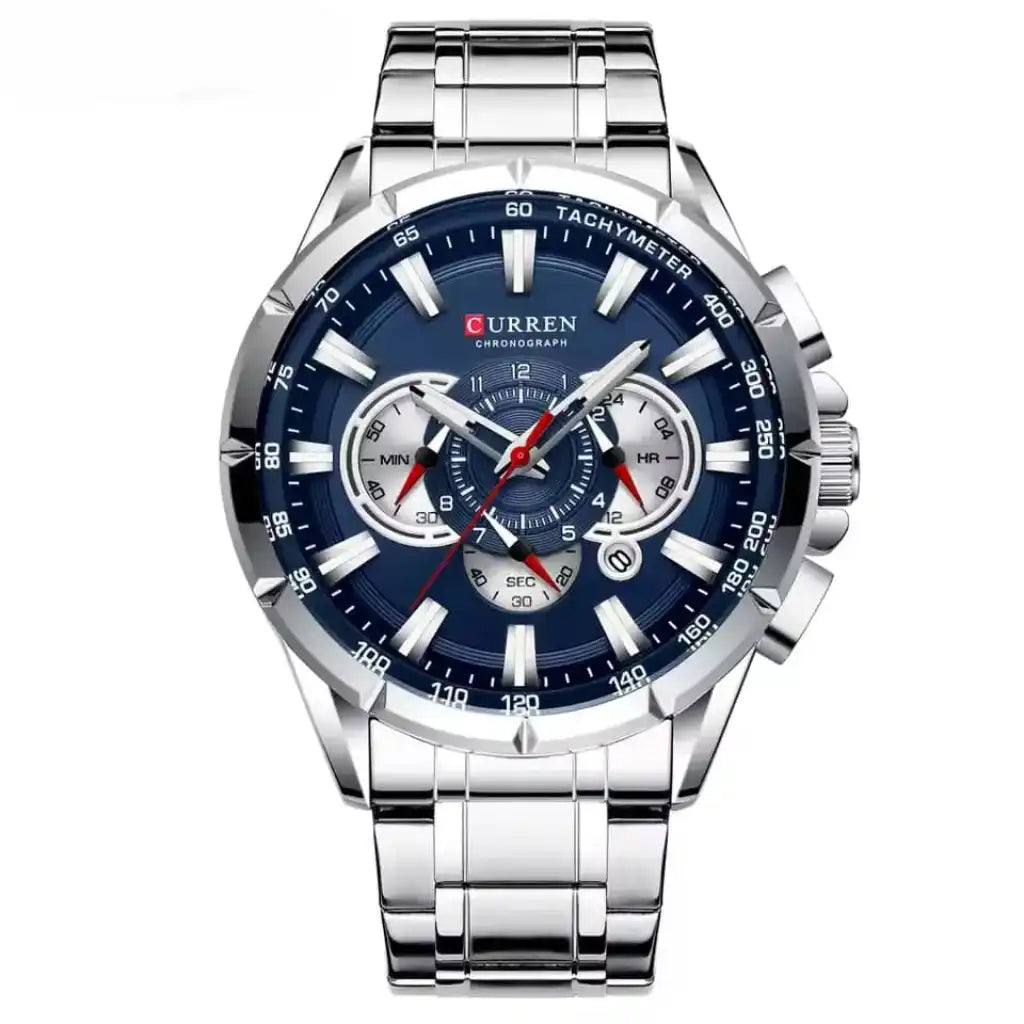 Relógio Masculino Quartzo Velthor Dark Blue exibindo vista frontal completa com mostrador azul escuro de 48mm e sub-dials cronográficos sobre fundo branco