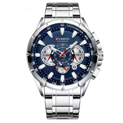 Relógio Masculino Quartzo Velthor Dark Blue exibindo vista frontal completa com mostrador azul escuro de 48mm e sub-dials cronográficos sobre fundo branco