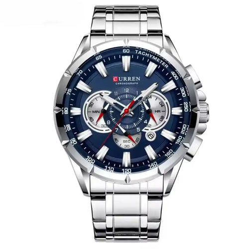 Relógio Masculino Quartzo Velthor Dark Blue exibindo vista frontal completa com mostrador azul escuro de 48mm e sub-dials cronográficos sobre fundo branco