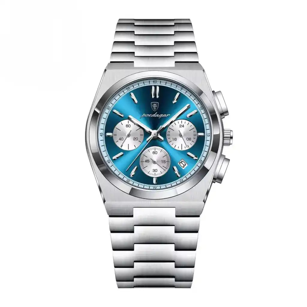 Relógio Masculino Quartzo Veron Blue exibindo vista frontal completa com mostrador azul de 44mm e sub-dials cronográficos sobre fundo branco