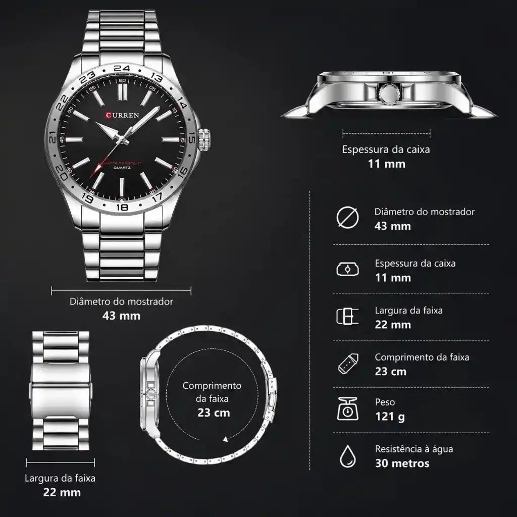 Relógio Masculino Quartzo Very Black em visão geral completa exibindo mostrador preto pulseira de aço e caixa em liga metálica