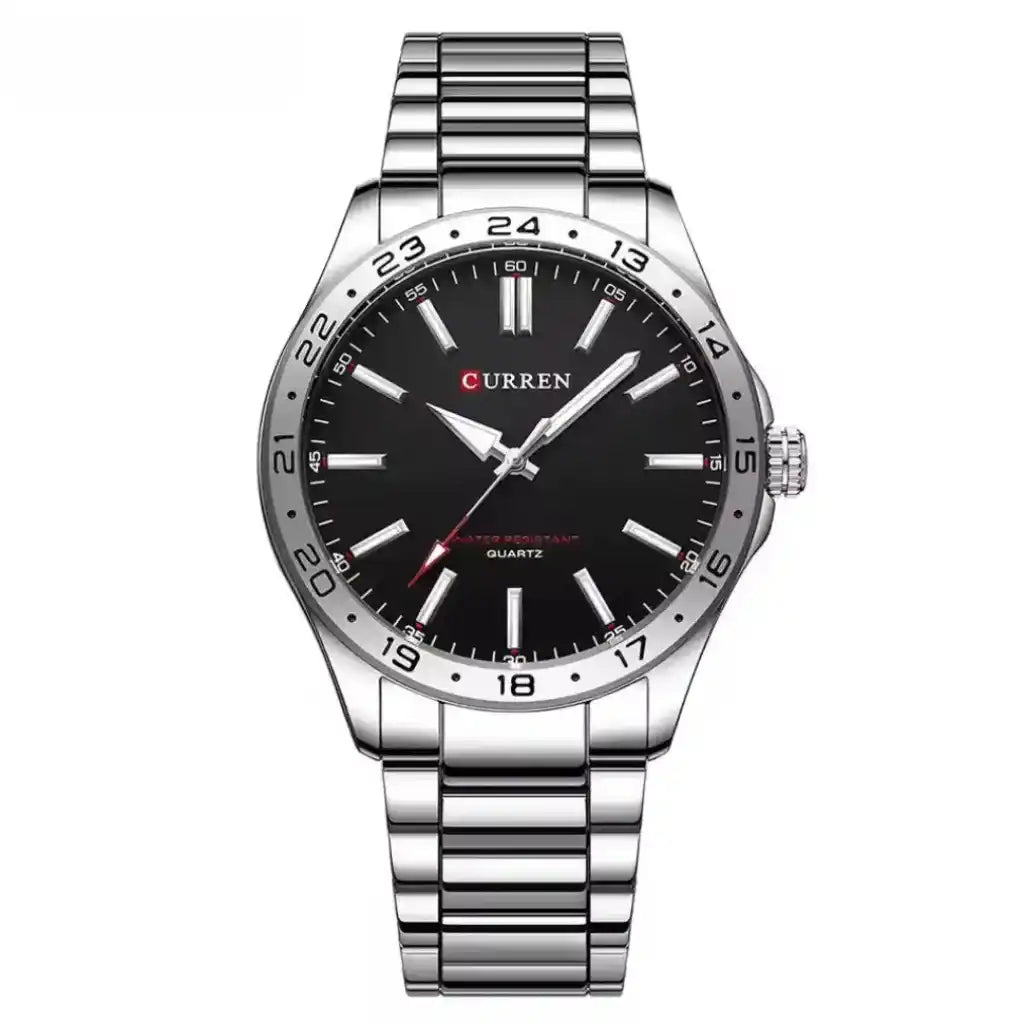 Relógio Masculino Quartzo Very Black exibindo vista frontal completa com mostrador preto de 43mm e pulseira de aço inoxidável sobre fundo branco