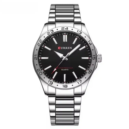 Relógio Masculino Quartzo Very Black exibindo vista frontal completa com mostrador preto de 43mm e pulseira de aço inoxidável sobre fundo branco