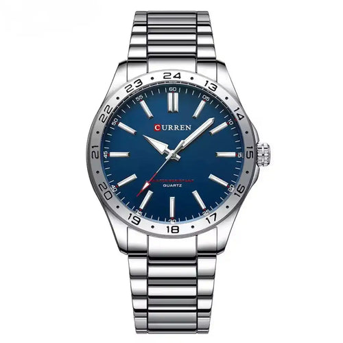 Relógio Masculino Quartzo Very Blue exibindo vista frontal completa com mostrador azul de 43mm e pulseira de aço inoxidável sobre fundo branco