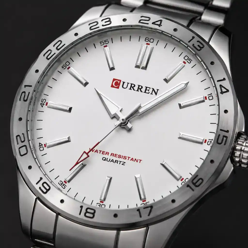 Relógio Masculino Quartzo Very White fotografado em ângulo de 45 graus exibindo o visor Hardlex e o bezel em aço inoxidável