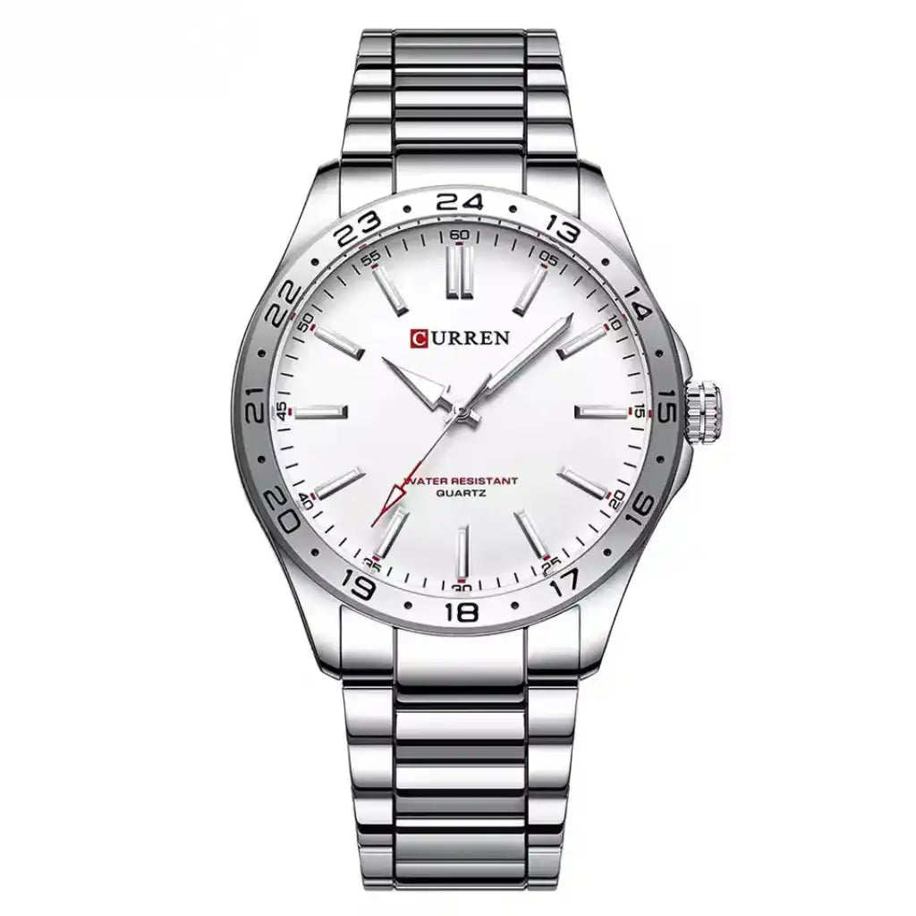 Relógio Masculino Quartzo Very White exibindo vista frontal completa com mostrador branco de 43mm e pulseira de aço inoxidável sobre fundo branco