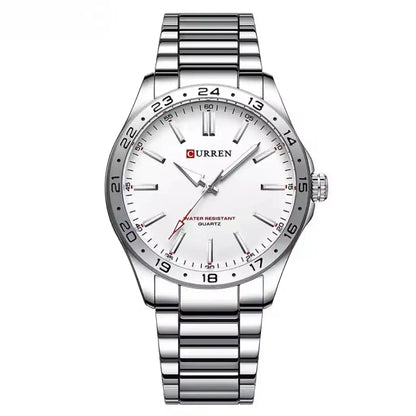 Relógio Masculino Quartzo Very White exibindo vista frontal completa com mostrador branco de 43mm e pulseira de aço inoxidável sobre fundo branco