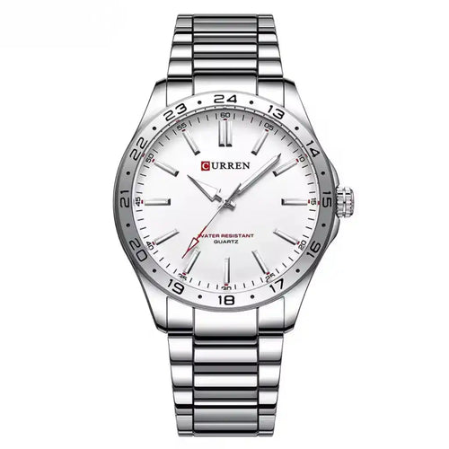 Relógio Masculino Quartzo Very White exibindo vista frontal completa com mostrador branco de 43mm e pulseira de aço inoxidável sobre fundo branco