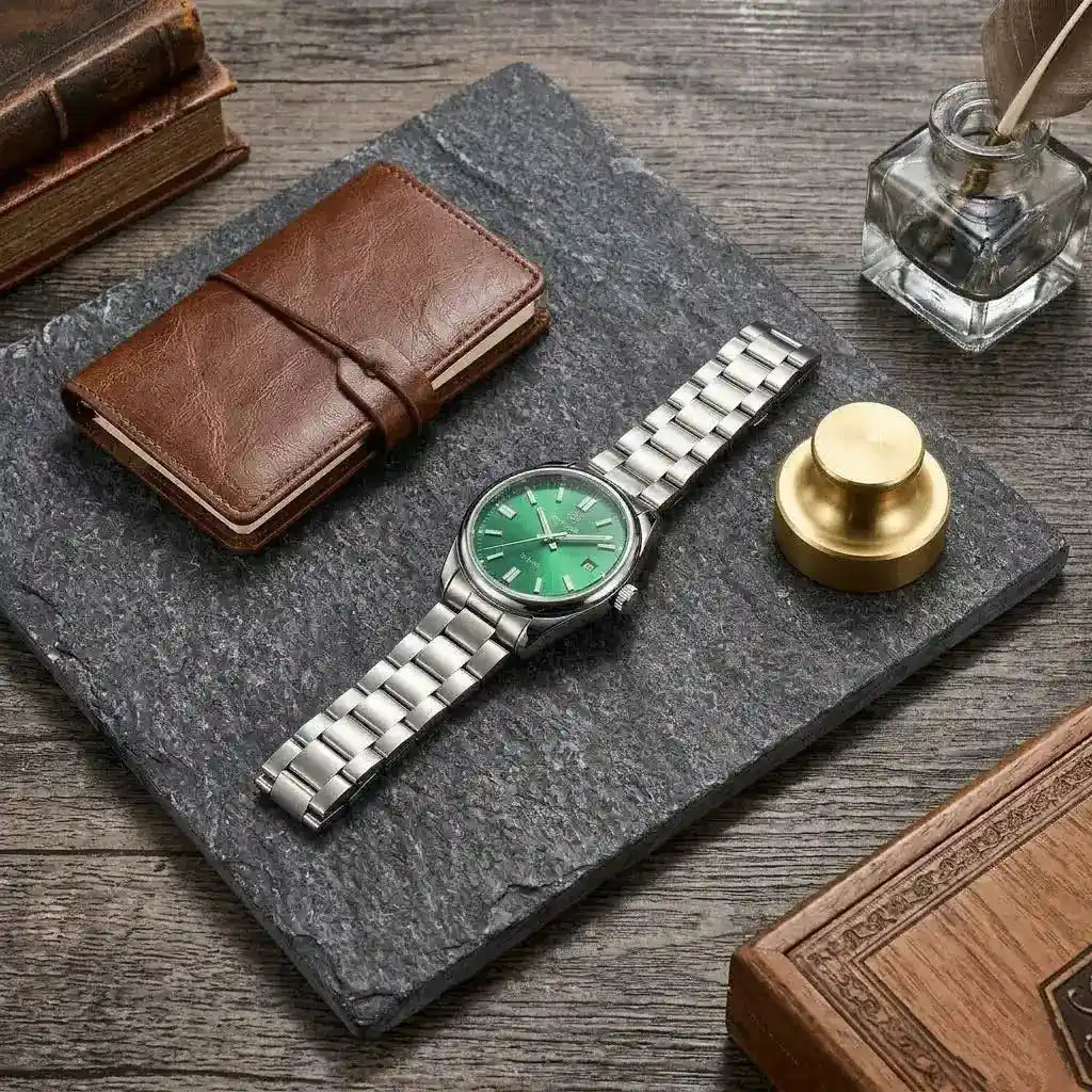 Relógio Masculino automático zaren green esticado em uma pedra 