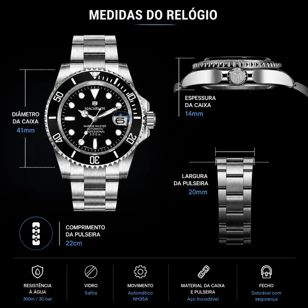 Relógio Mecânico Masculino Kronx Black Medidas