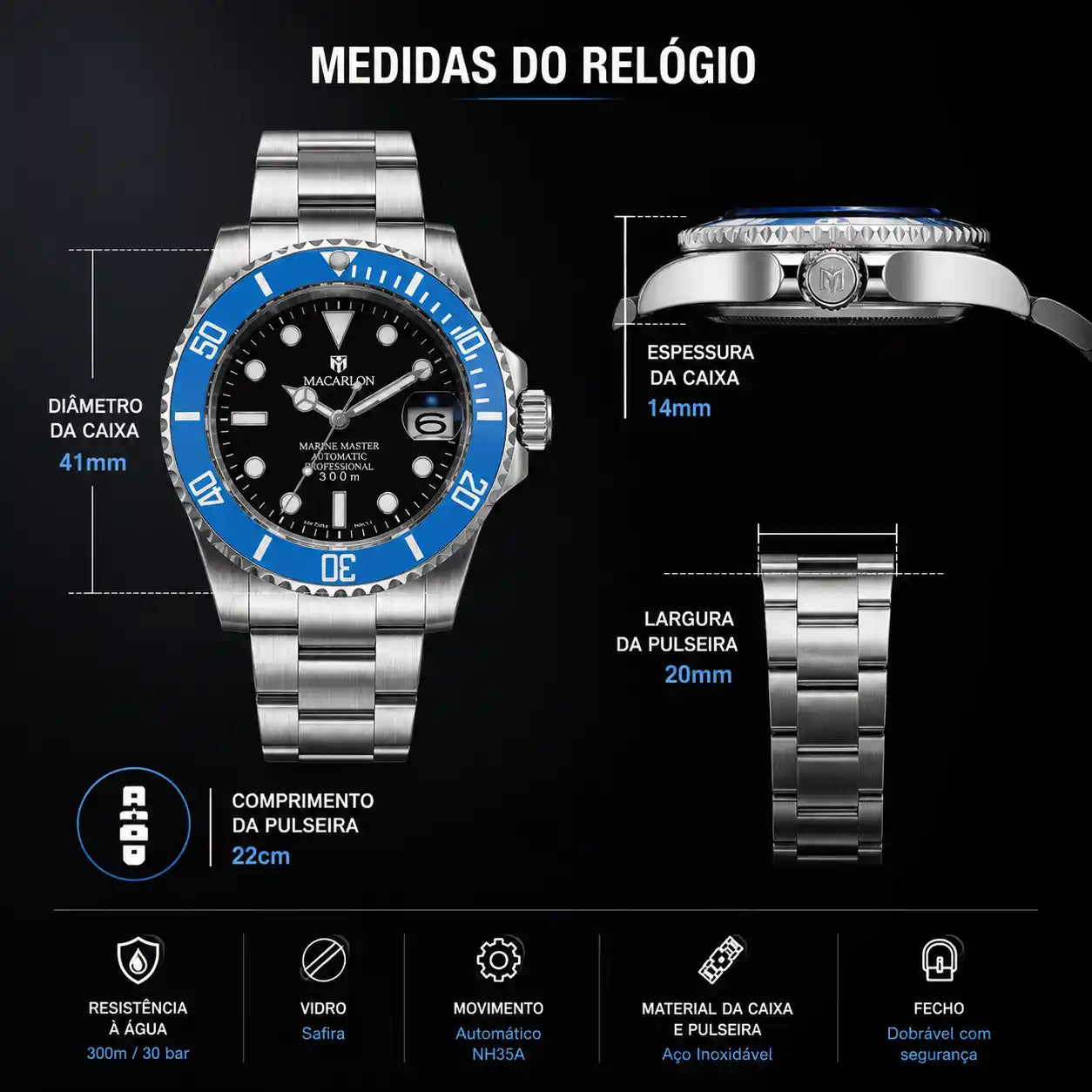 Relógio Mecânico Masculino Kronx Blue Medidas