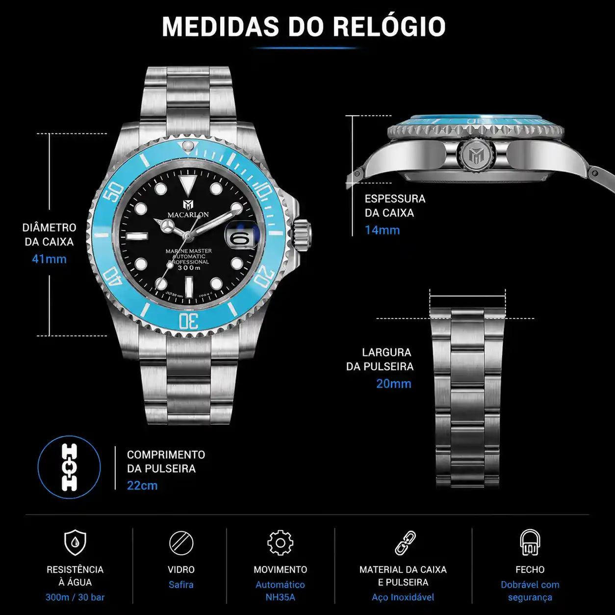 Relógio Mecânico Masculino Kronx Light Blue Medidas