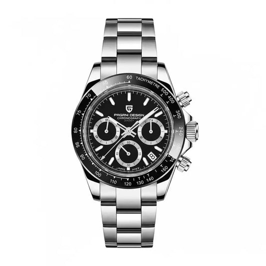 Relogio Quartzo Masculino Auralis Black exibindo vista frontal completa com mostrador preto e sub-dials cronográficos sobre fundo branco