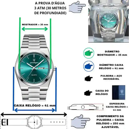 Relogio Quartzo Masculino Empire Green exibindo infográfico 