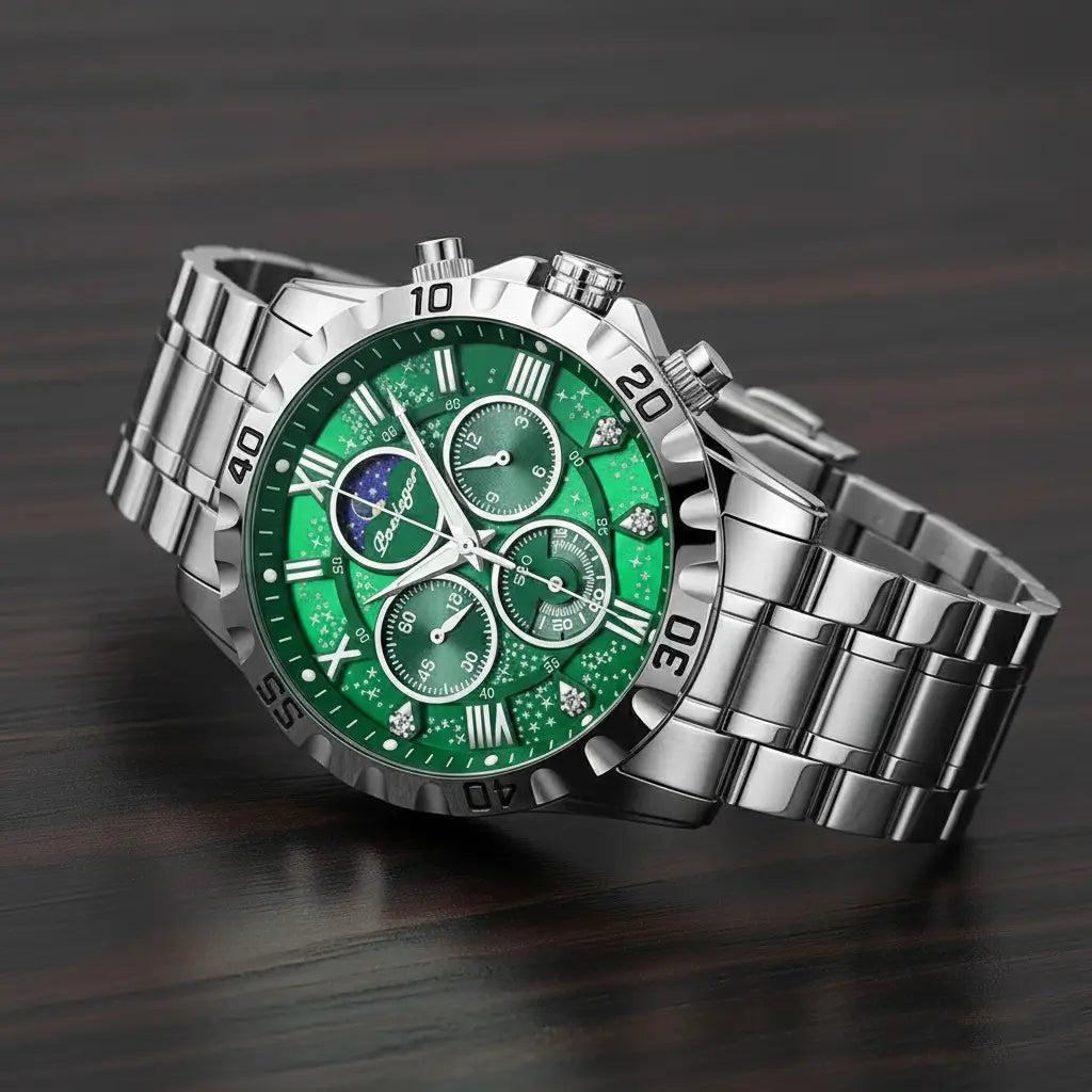 Relogio Quartzo Masculino Lunaris Green em vista lateral deitado sobre mesa 