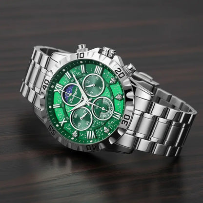 Relogio Quartzo Masculino Lunaris Green em vista lateral deitado sobre mesa 