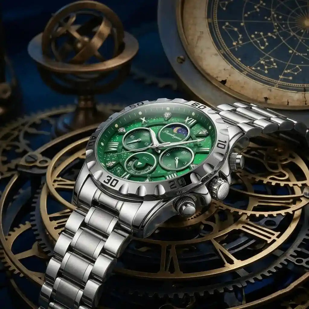 Relogio Quartzo Masculino Lunaris Green com close na coroa 