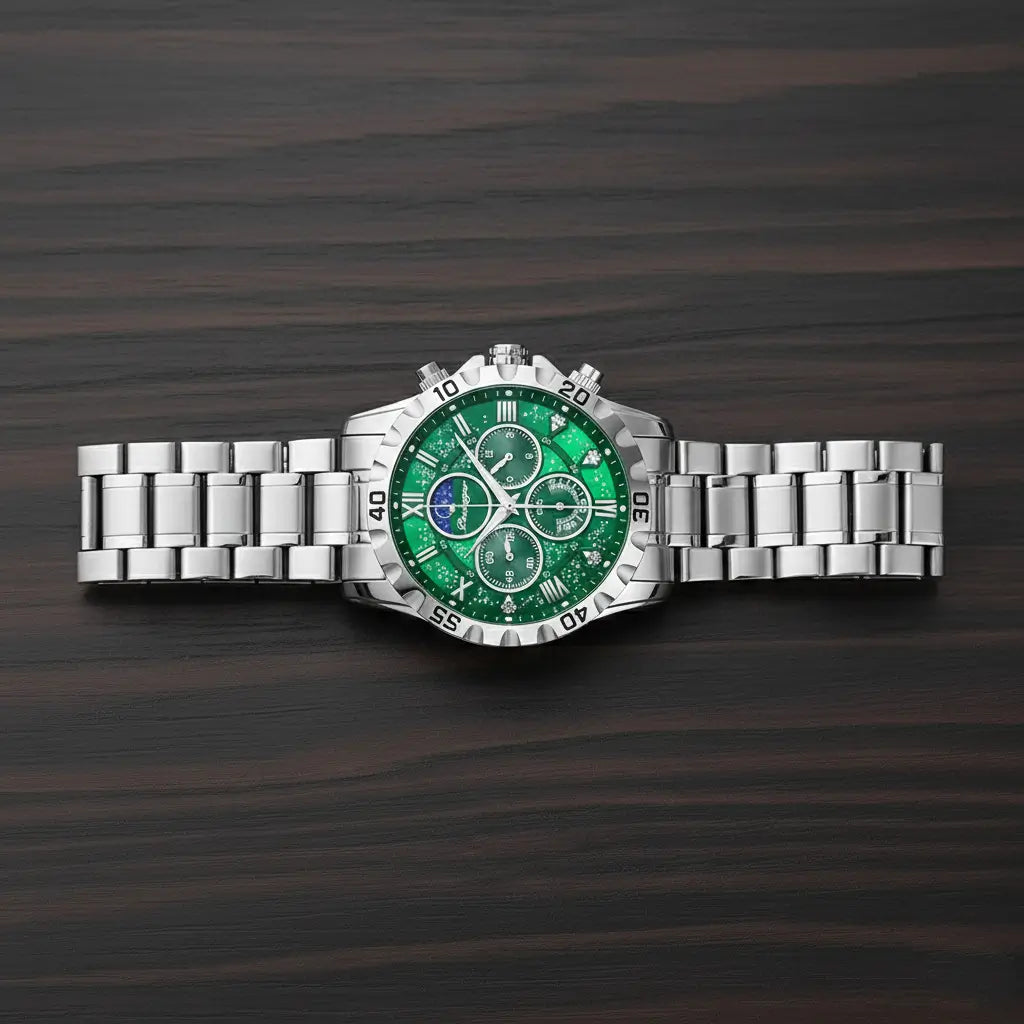Relogio Quartzo Masculino Lunaris Green esticado exibindo os elos e fecho dobável